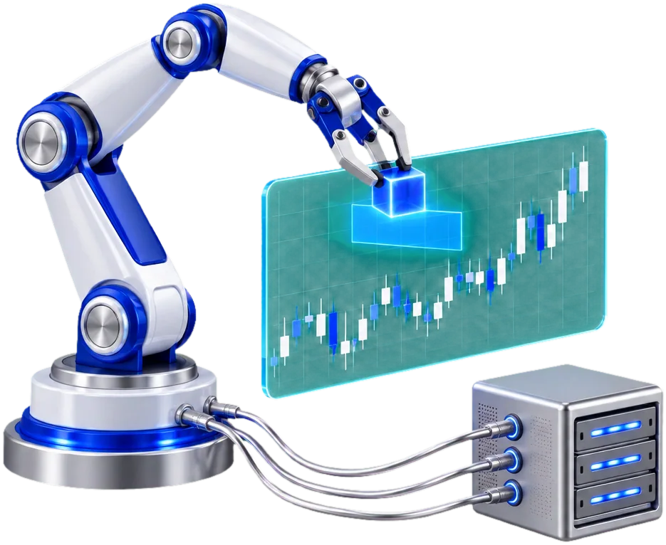 A robotic arm over a candlestick chart