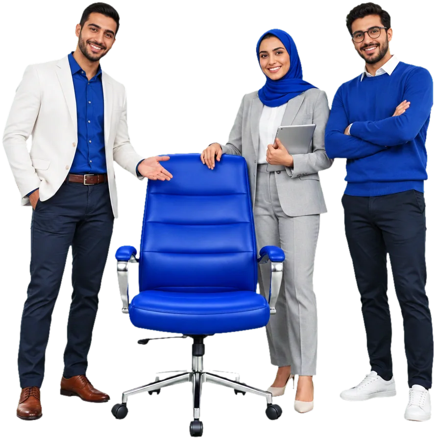 Three colleagues next to a blue chair