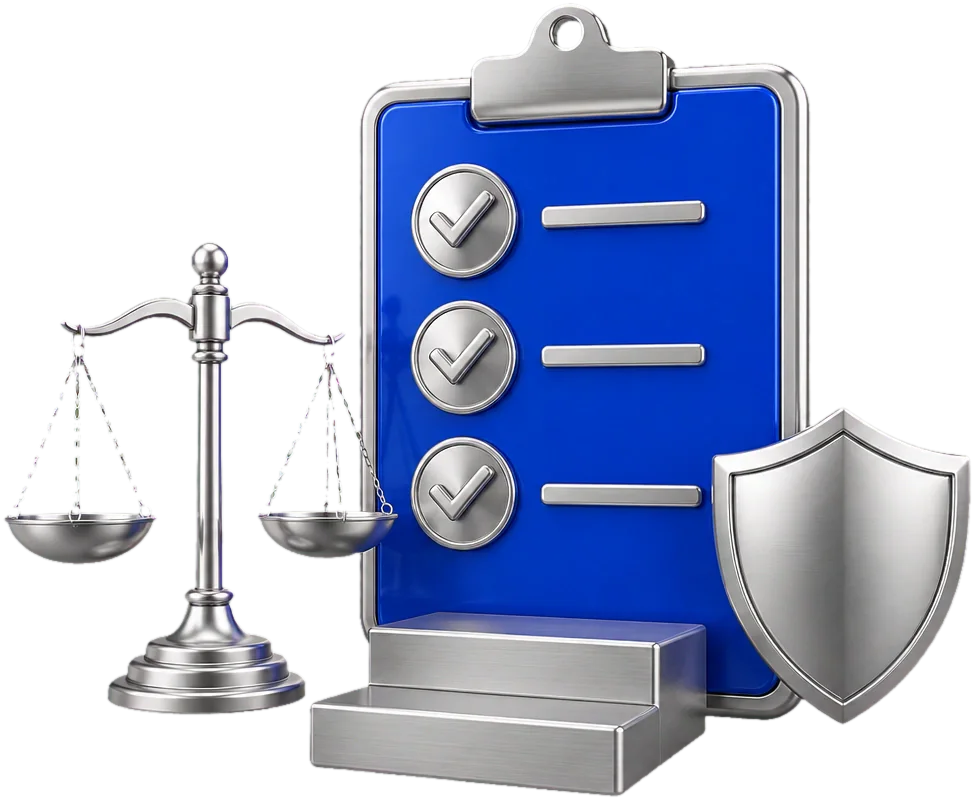 A rules clipboard, scales and a shield