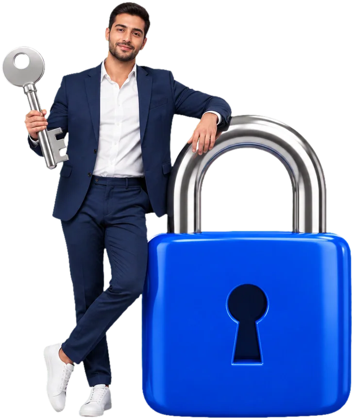 A trader beside a security padlock